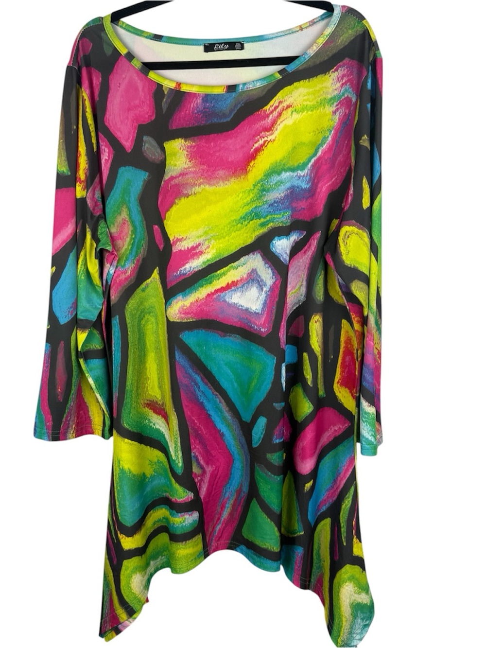 Lily by Firmiana Abstract Stained Glass Tunic Top 2XL Colorful Handkerchief Hem